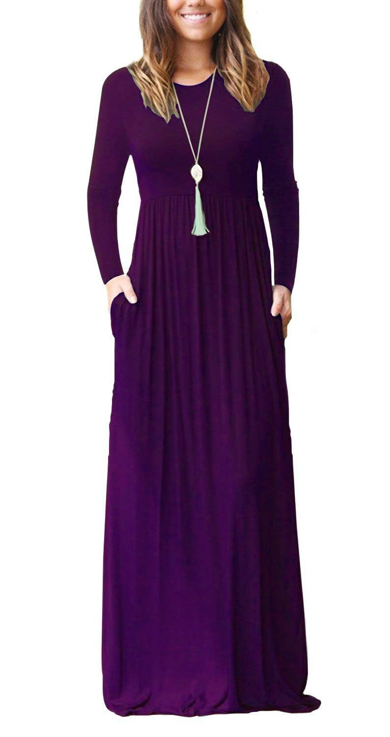 MISFAY Women's Long Sleeve Loose Plain Maxi Dresses Casual Long Dresses Pocket(Purple,M) - Image 1